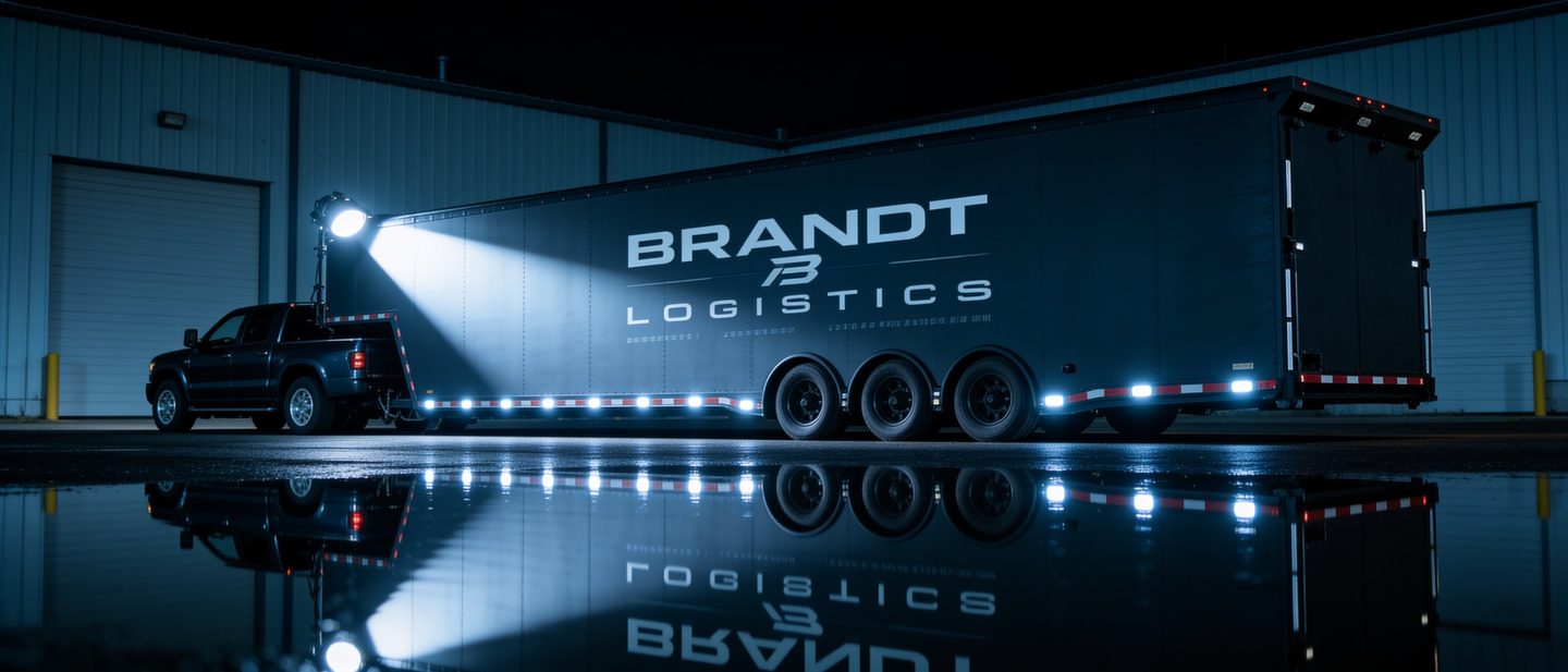 A Brandt enclosed trailer on wet asphalt at night