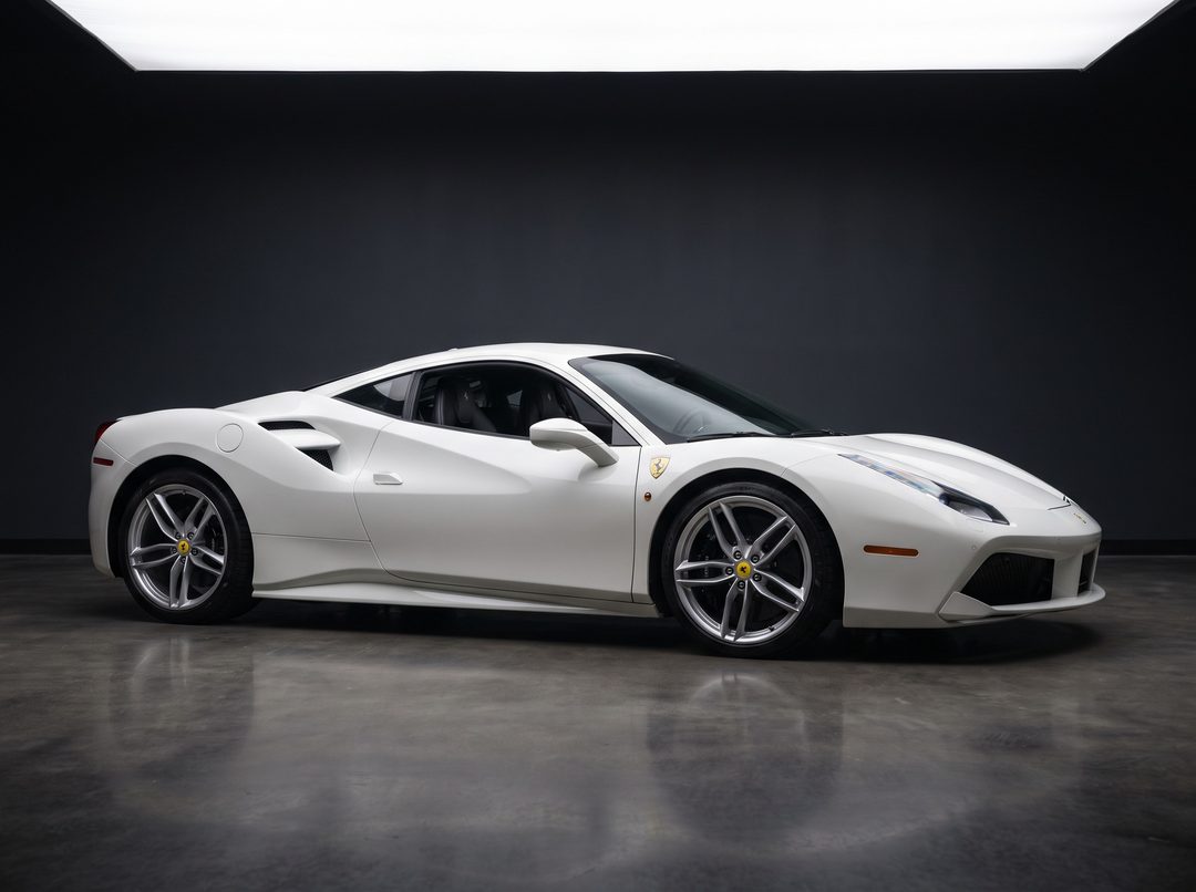 White Ferrari 488 GTB, low front three-quarter