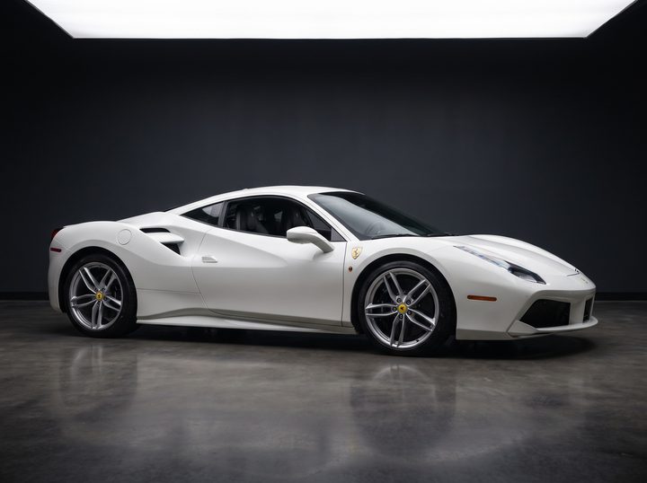White Ferrari 488 GTB, low front three-quarter
