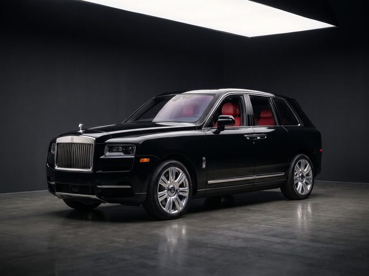Black Rolls-Royce Cullinan, low front three-quarter