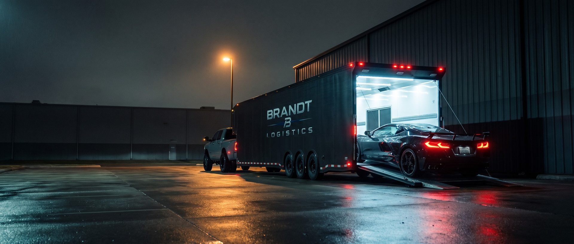 Brandt's truck and black enclosed trailer on a wet lot at night, rear doors open and a black hypercar on the ramp