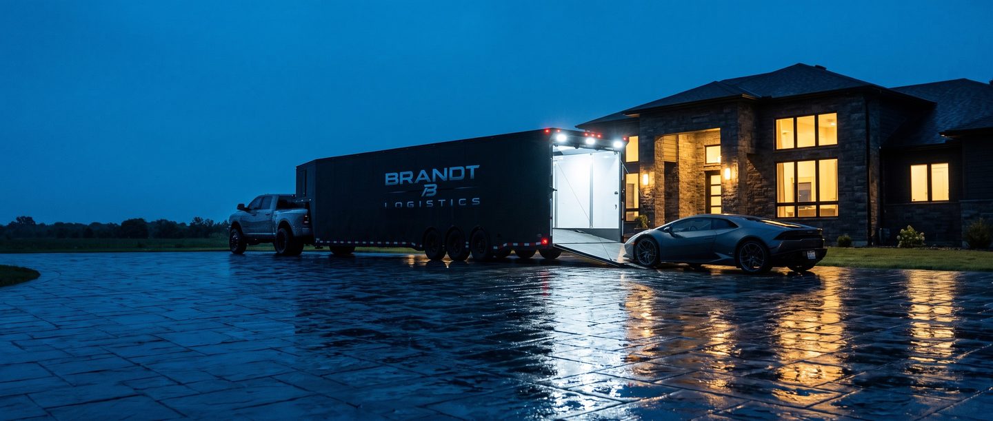 Brandt's truck and black enclosed trailer on the wet driveway of a modern house at dusk, a sports car just unloaded