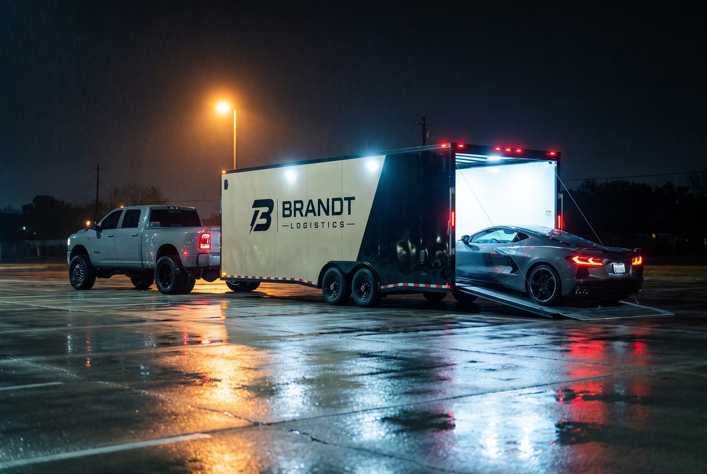 Brandt's truck and two-tone enclosed trailer on a wet lot at night, a sports car driving up the ramp