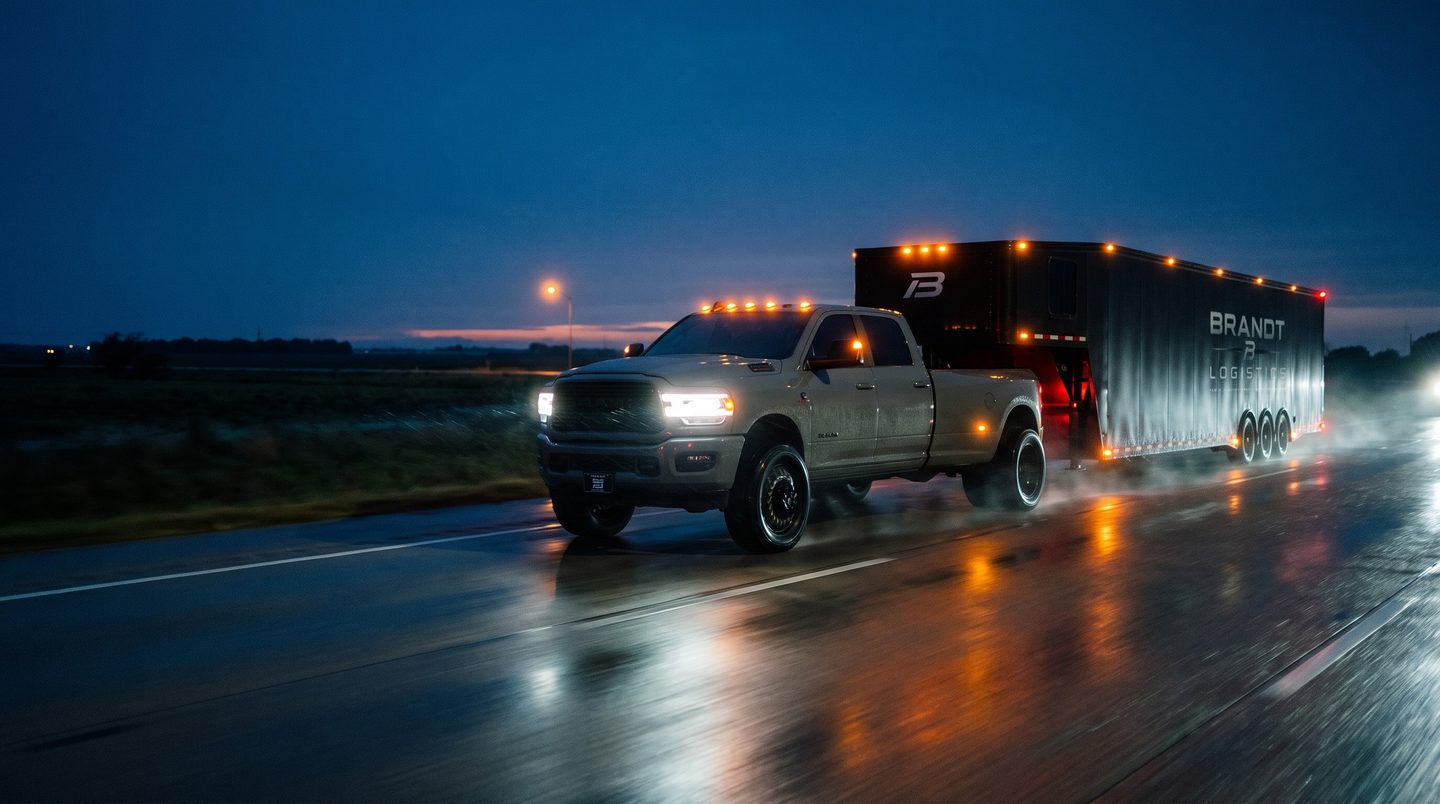 Brandt's truck towing the black enclosed trailer along a wet two-lane road at night