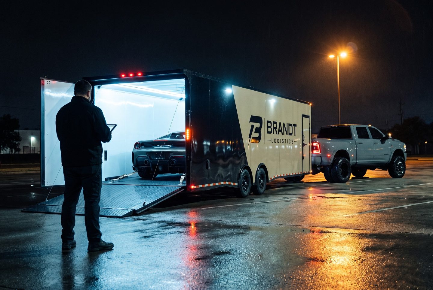 A Brandt specialist with a tablet at the open rear doors of the trailer at night